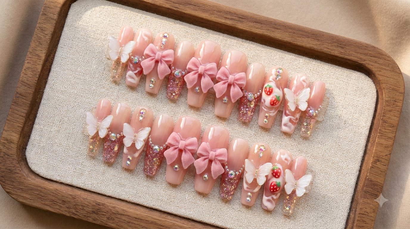 ストロベリーパンナコッタ・ネイルチップ — 3Dリボンと蝶々アートの作り方