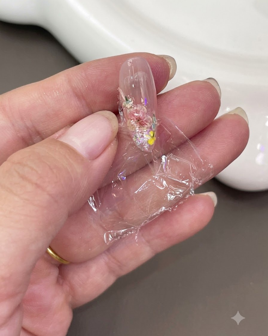 装飾されたネイルの上にきつく押し付けられた透明なプラスチックラップの断片を保持している手。