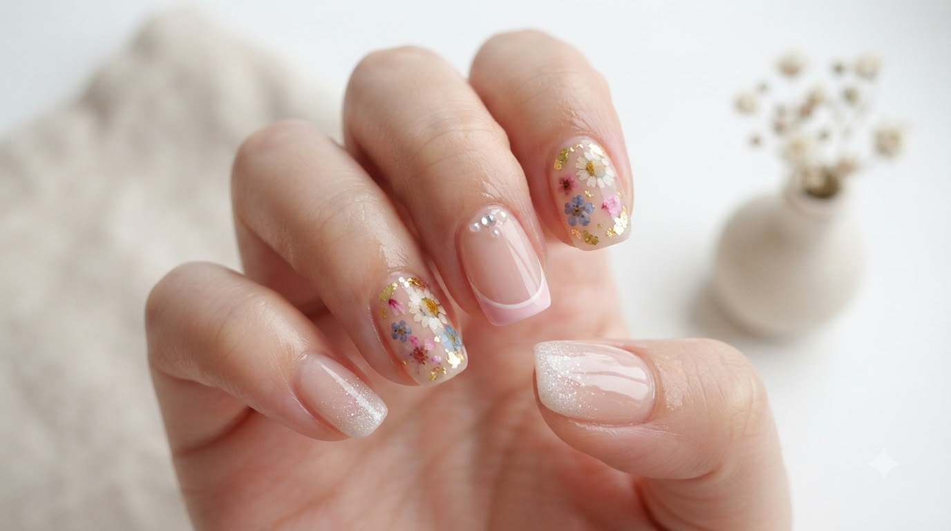 春のフレンチチーク＆押し花ジェルネイル — ステップバイステップチュートリアル