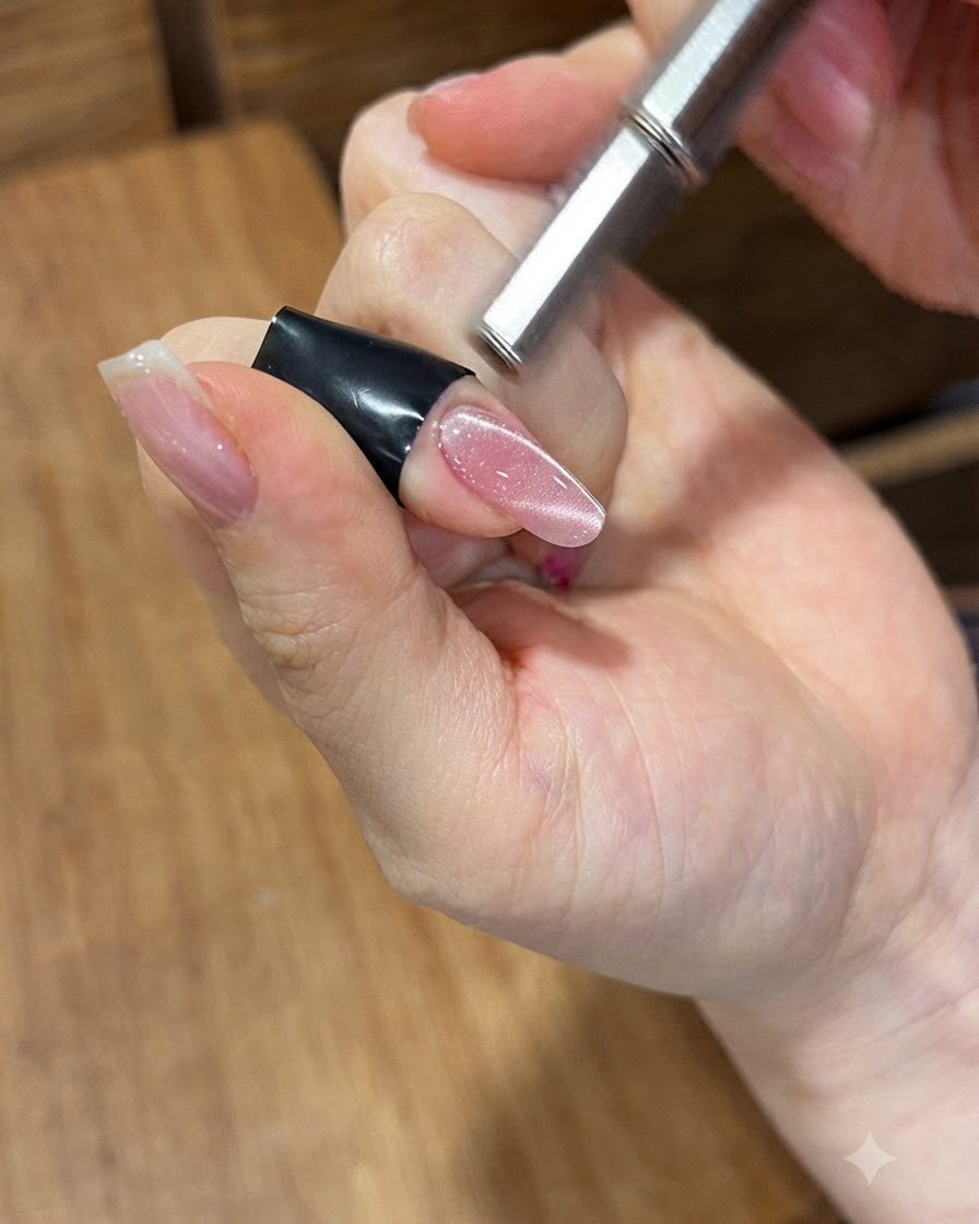 ピンクのキャッツアイジェルネイルのすぐ近くで、きらめく磁気の光を集める円柱状のマグネットワンドを持っている様子。