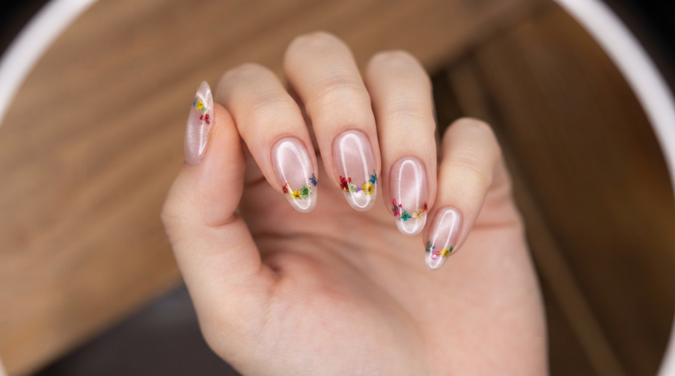 フレンチドライフラワー＆マグネットキャッツアイジェルネイル — ステップバイステップチュートリアル