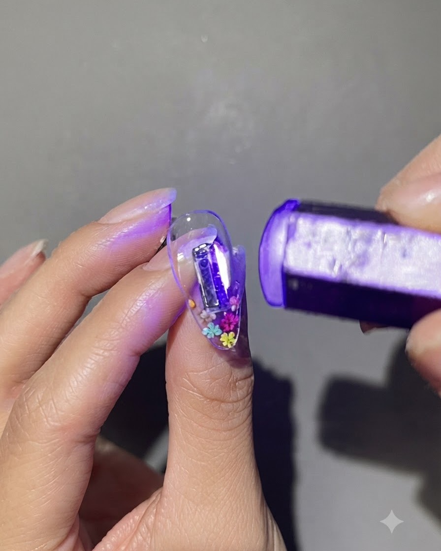 紫色のハンディ型UV/LEDライトで、小さなカラフルなドライフラワーで装飾されたクリアネイルをフラッシュ硬化させている様子。