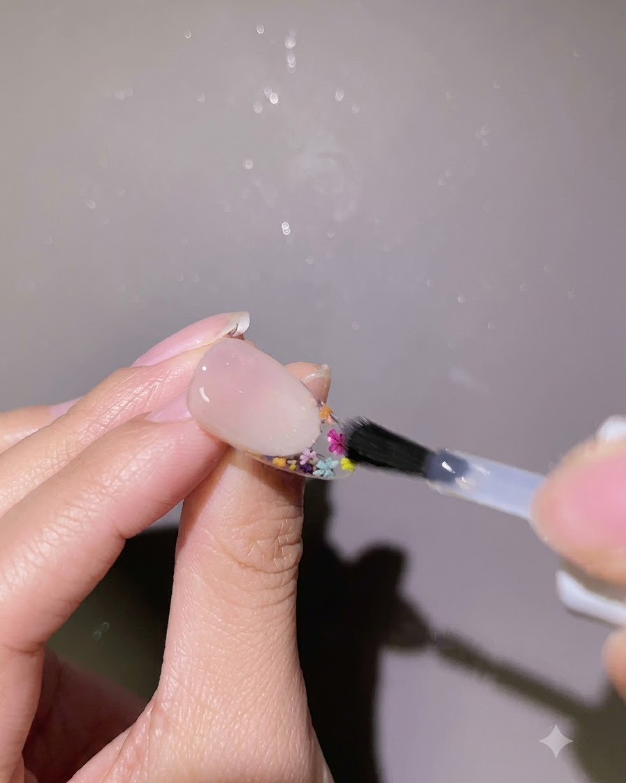 完成したネイルデザインの周囲に、ブラシでクリアな補強層のジェルを塗布している様子。