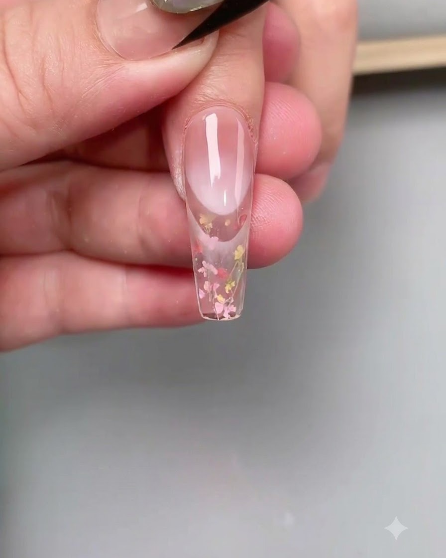 細いネイルブラシを使って、爪の上の小さな花びらの位置を調整し、平らにしている様子。