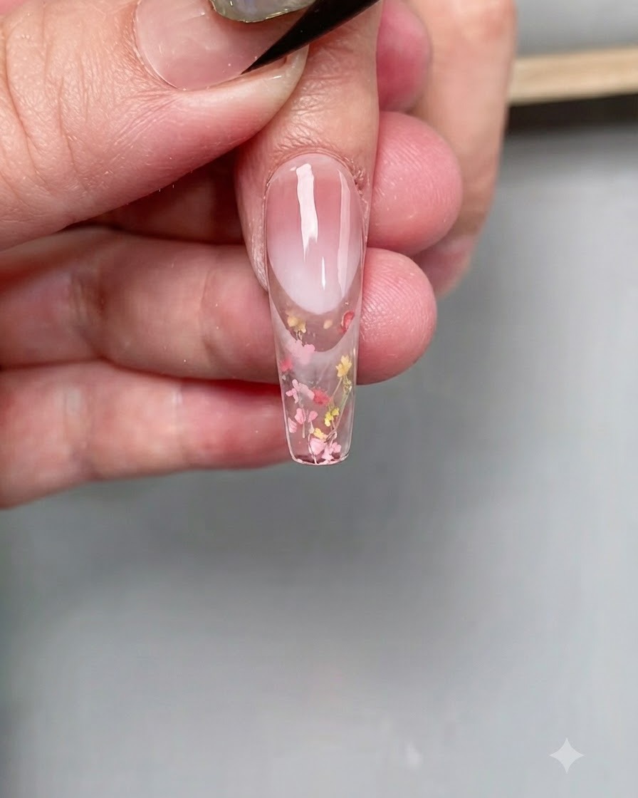 爪先のトップコートを固めるため、プロ用UV/LEDライトの下に爪を置いている様子。