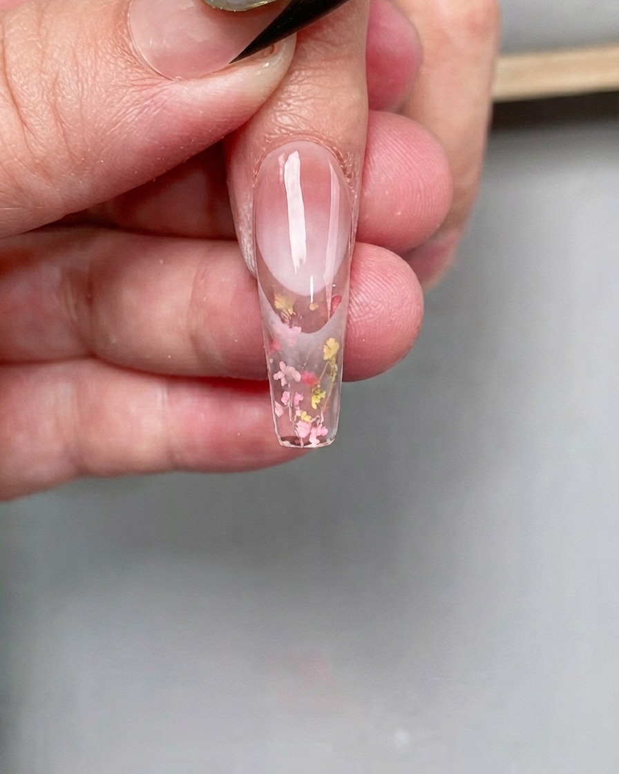 カラフルな押し花が埋め込まれたロングコフィン型の爪全体に、パウダー専用のクリアトップコートを筆で塗っている様子。