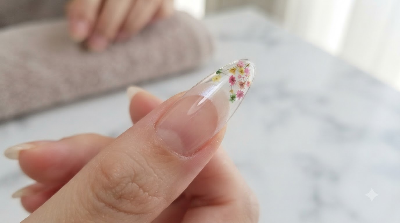 春の押し花氷フレンチネイル — ステップバイステップチュートリアル