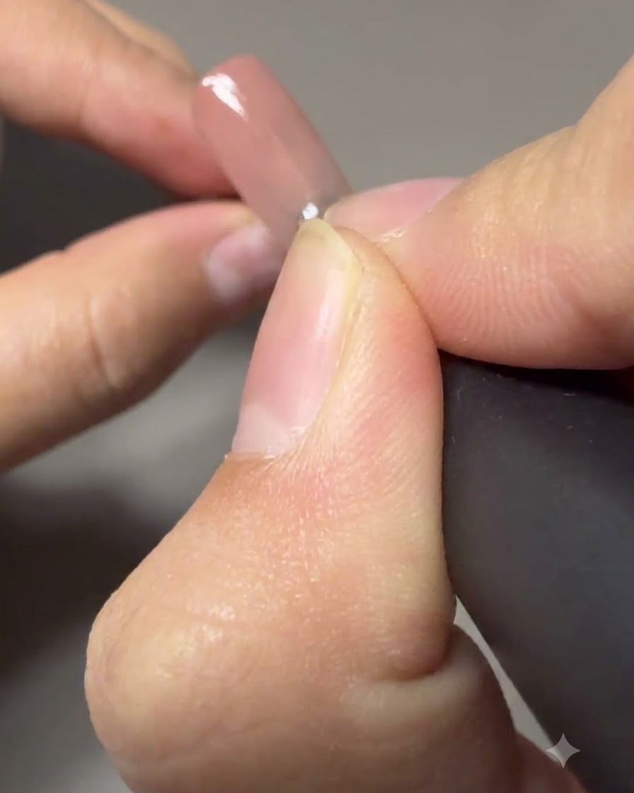 下処理された爪の表面にクリアなビルダージェルを重ねて塗布する様子。