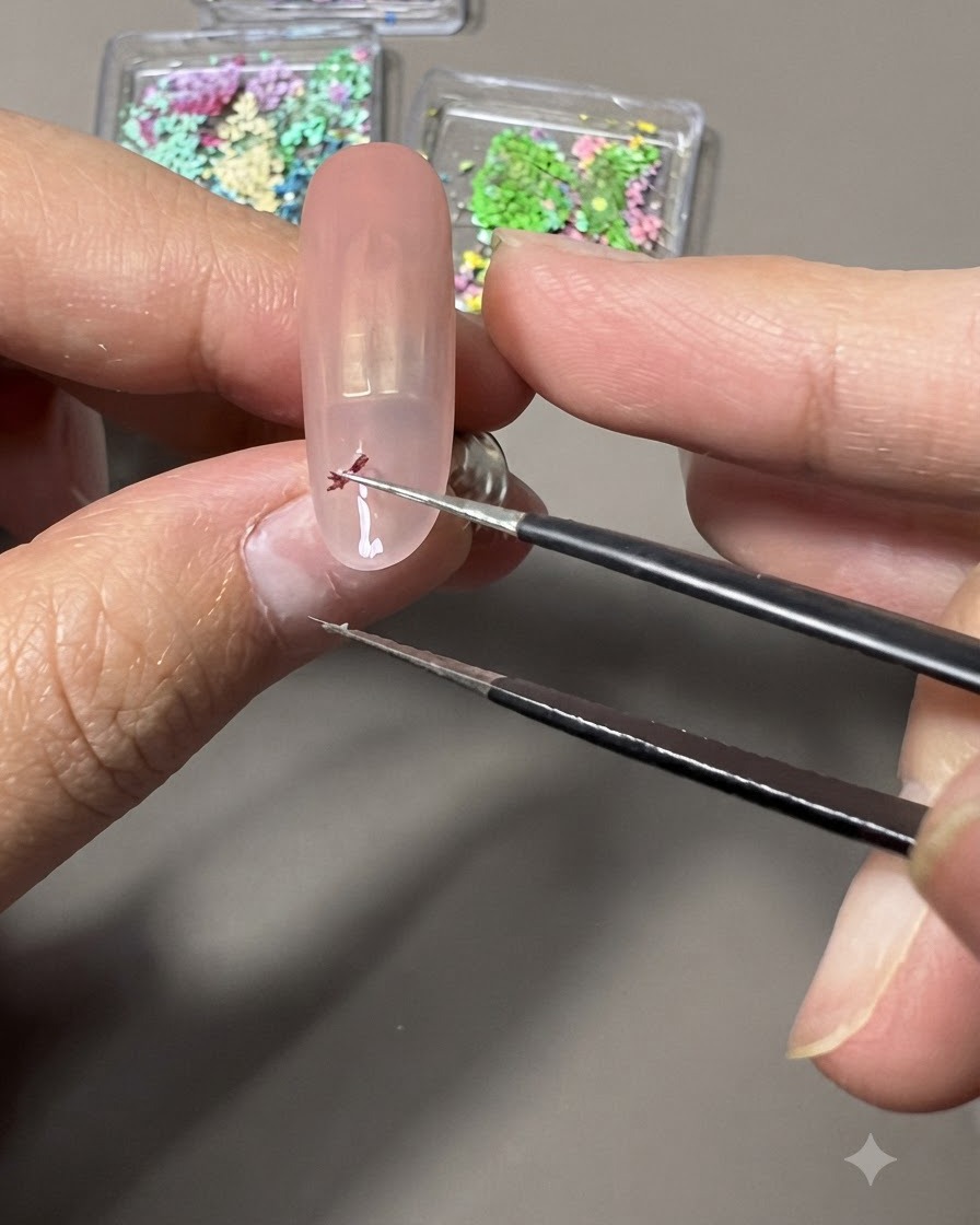 精密ピンセットを使って、小さな色鮮やかなドライフラワーを爪の上にカーブ状に並べている様子。
