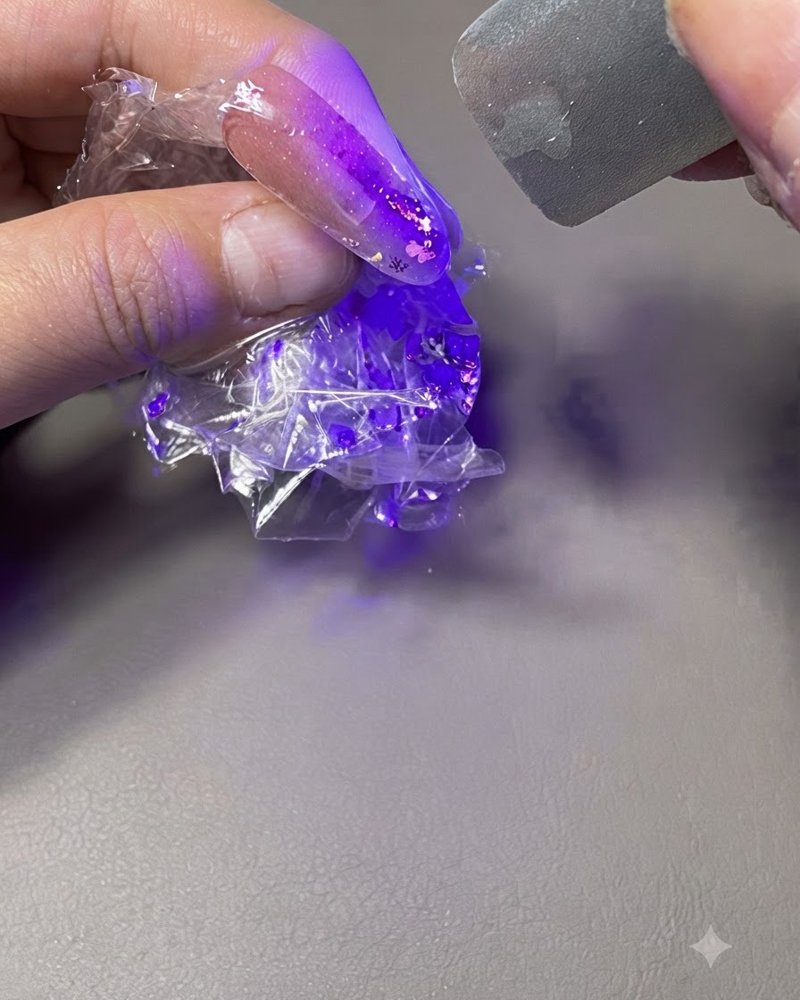 ラップで包んだネイルを紫色のUV/LED硬化ライトの下にかざしている手。