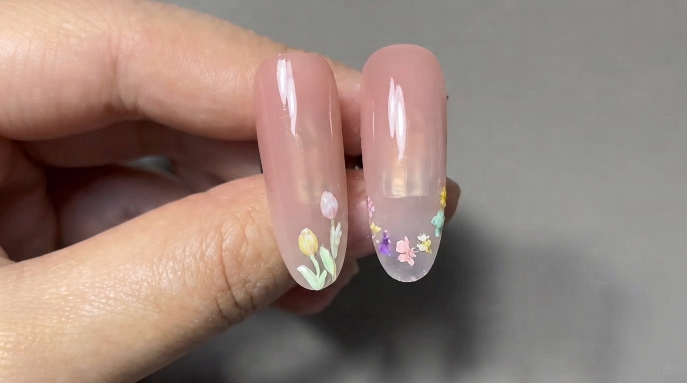 春のチューリップとドライフラワーのネイルアート — ステップバイステップチュートリアル