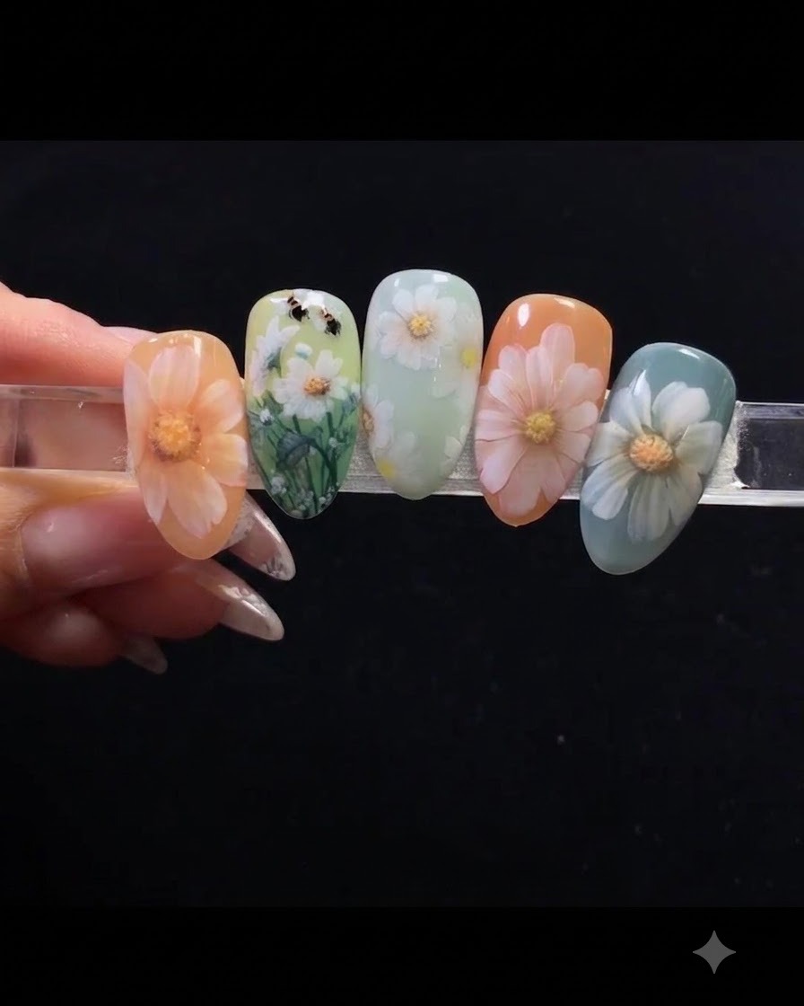 細筆を使い、カラージェルを塗った爪の上に小さな白いジェルのドットを置いてデージーの花びらの位置を決めている様子。