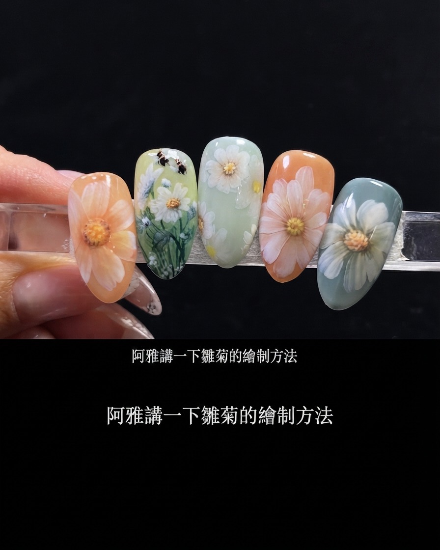ラウンドブラシを使って白いジェルの塊を追加し、デージーの花びらの円形のアウトラインを仕上げている様子。