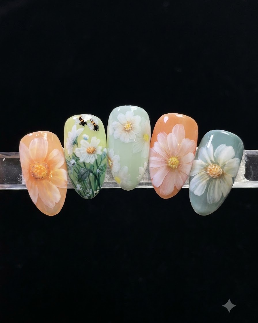 ネイルアートブラシで白いジェルを優しく押し、内側に引っ張ることで先細りの花びらを形作っている様子。