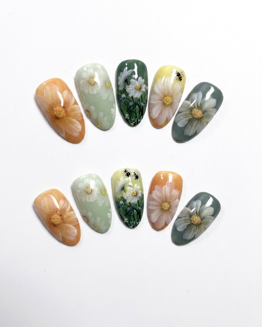 白いジェルの花びらのシャープな先細りを仕上げるために、ブラシを持ち上げているクローズアップ。