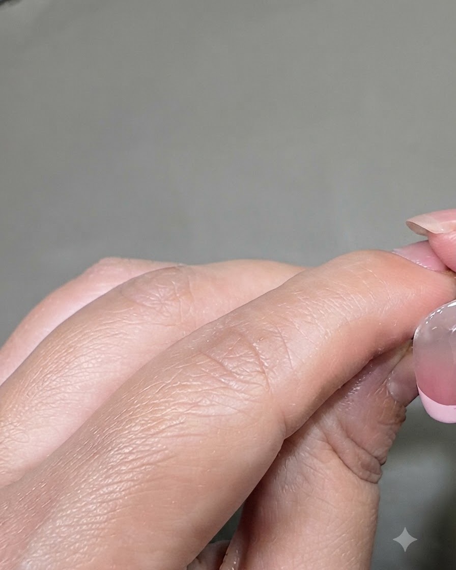 細いライナーブラシを使い、ネイルの先端にピンクのポリッシュのラインを引いてフレンチマニキュアの効果を出している様子。