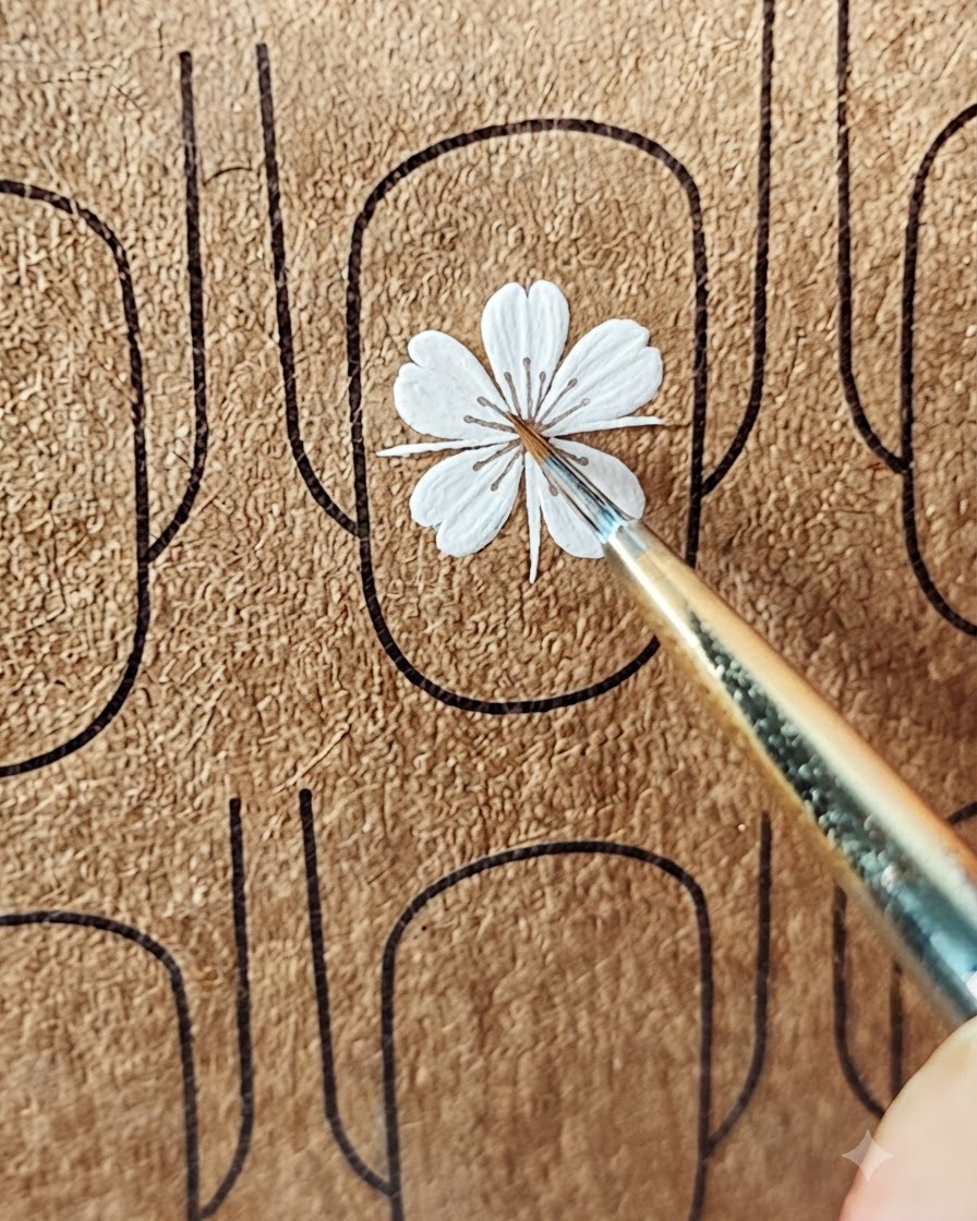 ネイルテンプレート上の中心点周りに複数の白い花びらを追加しているネイルアートブラシ。