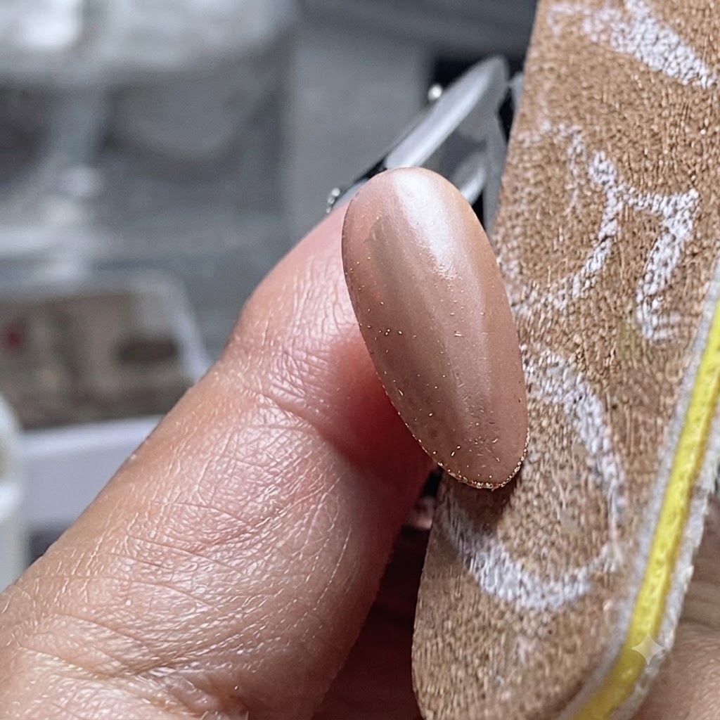 筆を使って、色付けされたネイル表面にクリアベースジェルの層を塗布している様子。