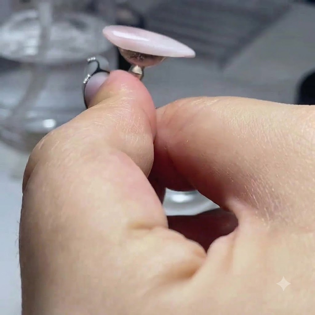 ホルダーに取り付けられた練習用ネイルの上で、きれいに形作られたクリアなソフトキャンディージェルの層が滑らかに収まっている様子。