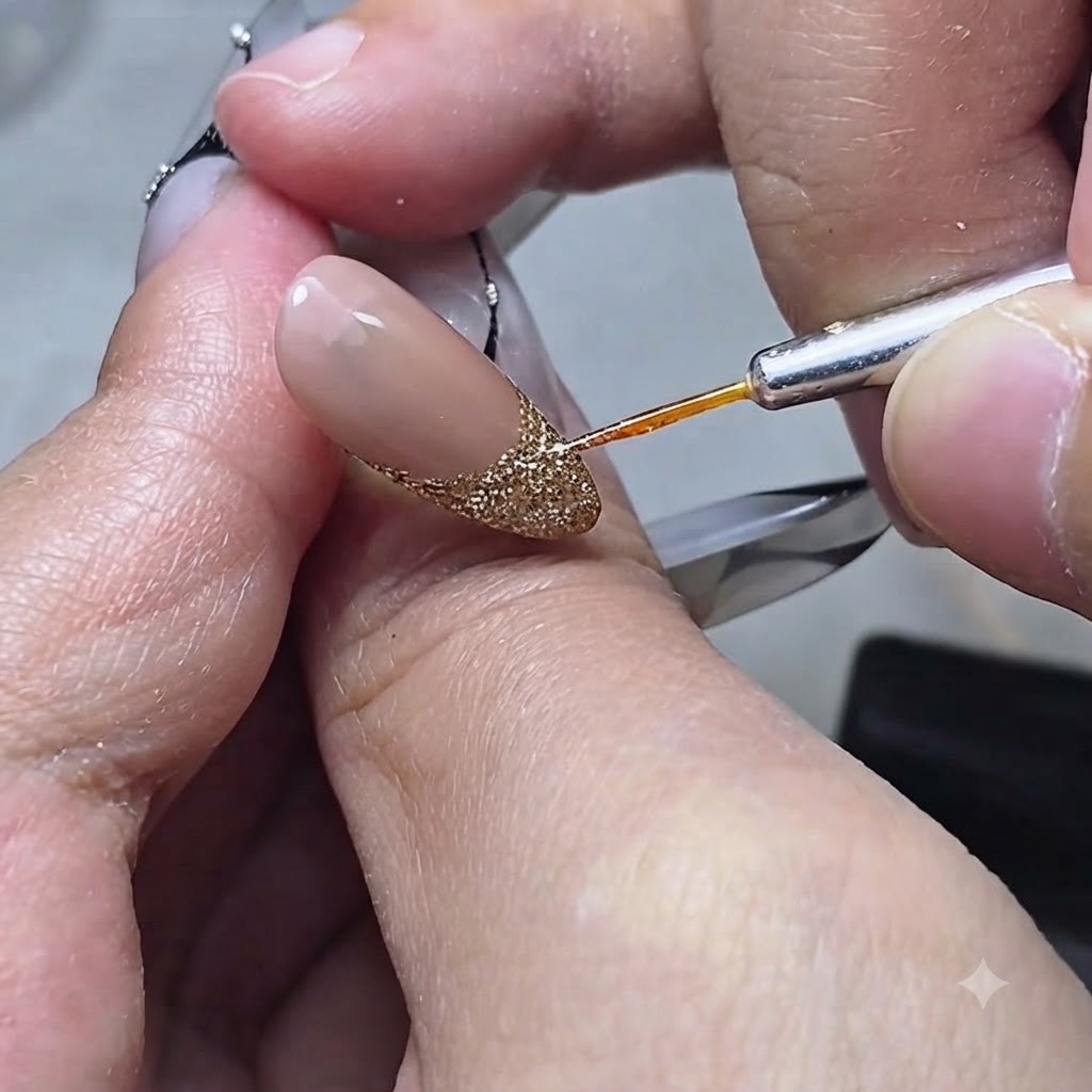 詳細なネイルアート用のネイルツールの近くで、一本の細い髪の毛が保持されている様子。