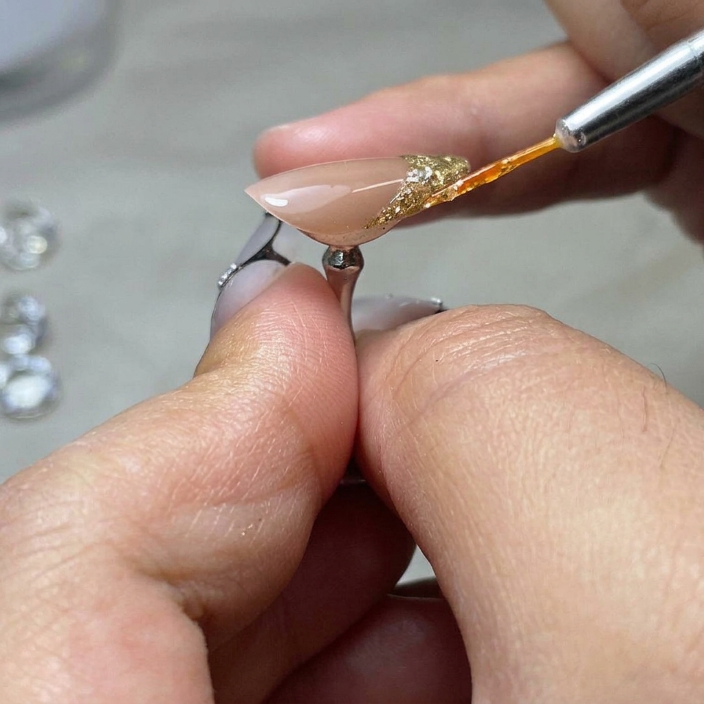 3Dダイヤモンド格子のデザインが施されたネイルが、ランプの光の下で硬化している様子。