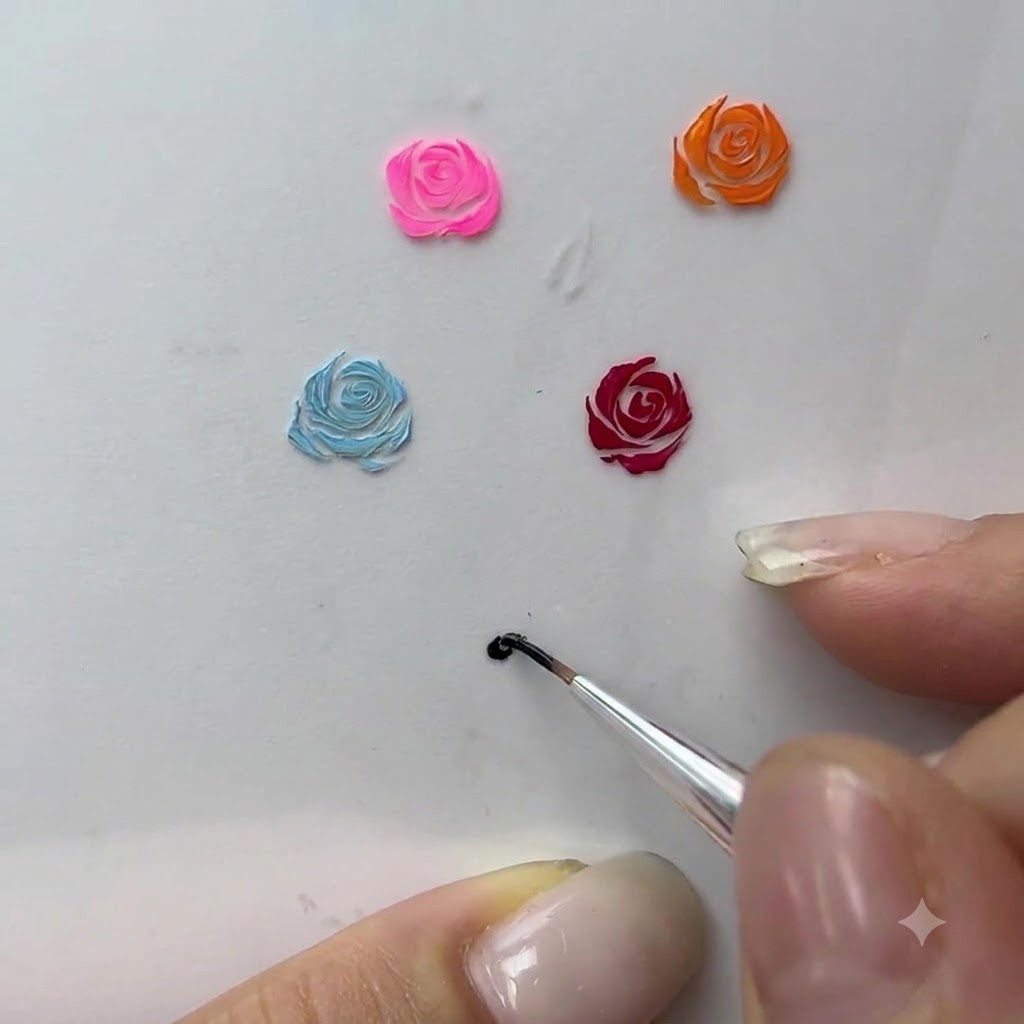 ホワイトベースの上で、ファインライナーブラシを持った手がバラの花びらを形作る曲線を描いているクローズアップ。