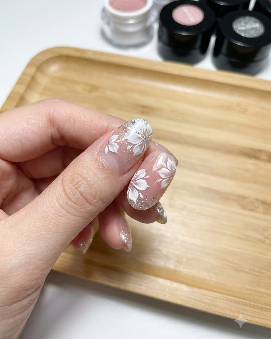 ナチュラルジェルネイル上の白く描かれた花の中心に小さな白いドットを適用している細いディテールブラシ。