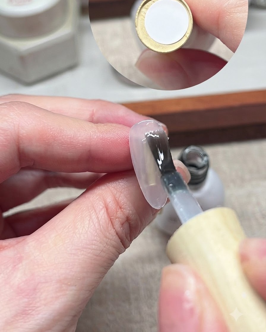 ネイルチップにクリアなブルーミングジェルの層をブラシで塗布している様子。