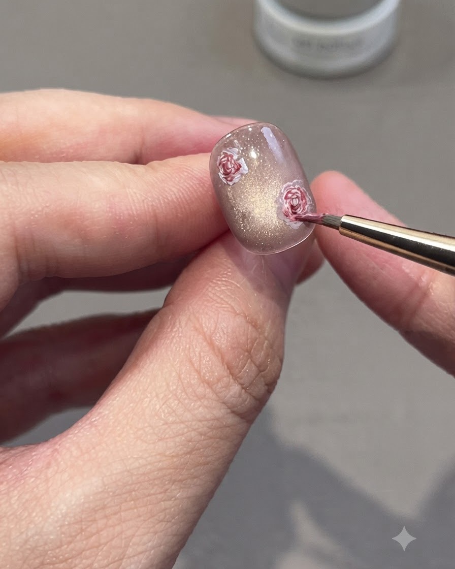 描かれたバラの周りに、極細ディテールブラシで小さなグリーンの葉を追加している様子。