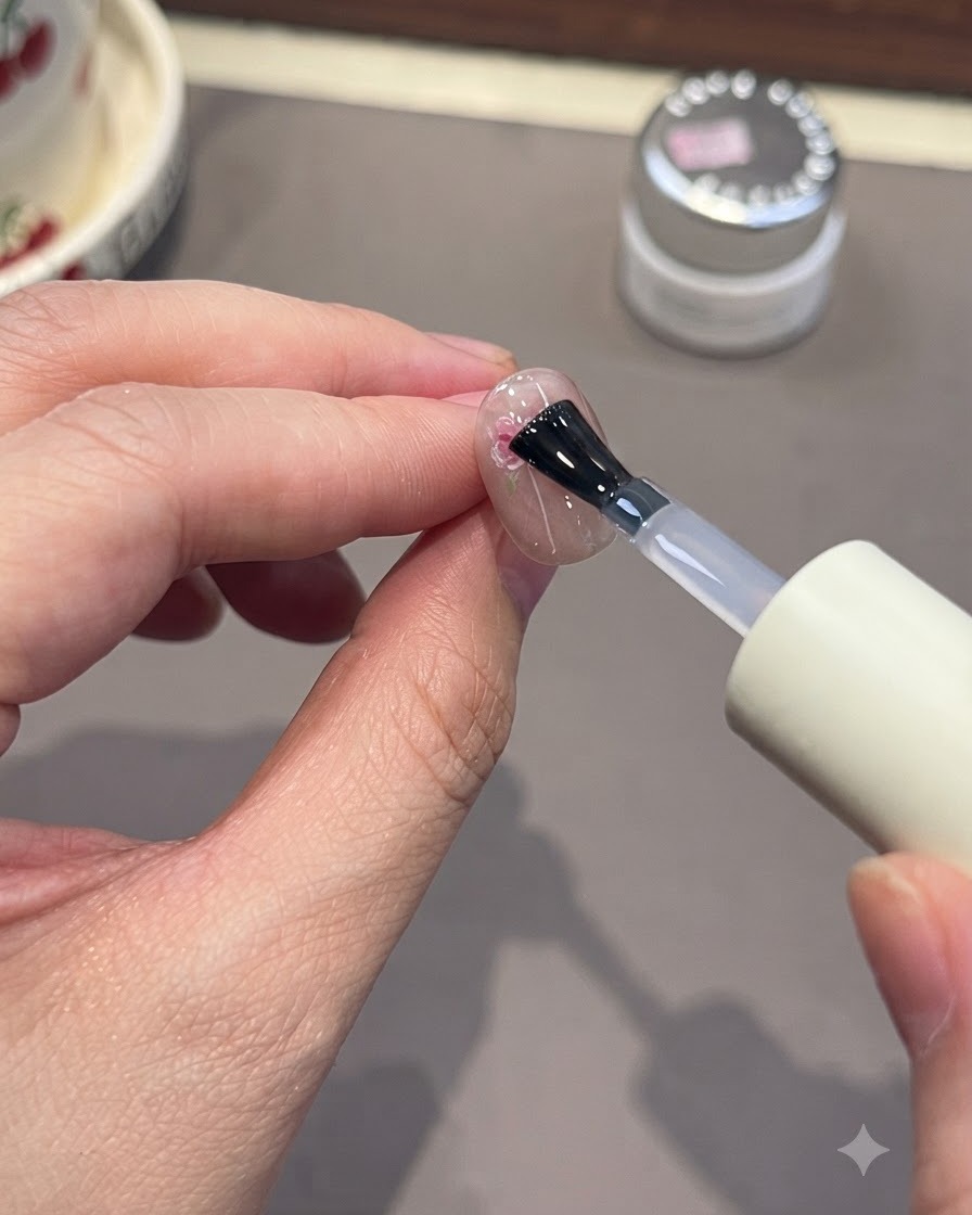ピンクの手描きローズアートが施されたネイルの上に、ネイルブラシでクリアトップコートを塗布している様子。
