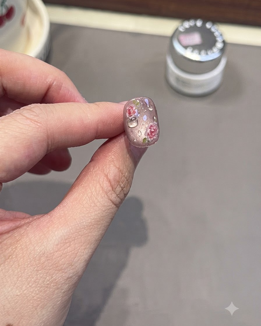 フラワーデザインの上に3Dの露のしずく効果を示している仕上がったネイル。