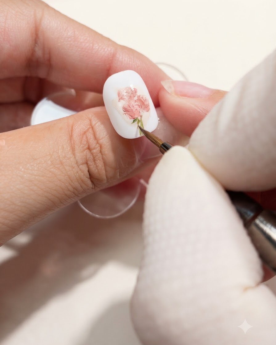白いネイル上の描かれたローズブーケに、細いブラシで繊細な緑の茎と葉のディテールを追加しているクローズアップビュー。