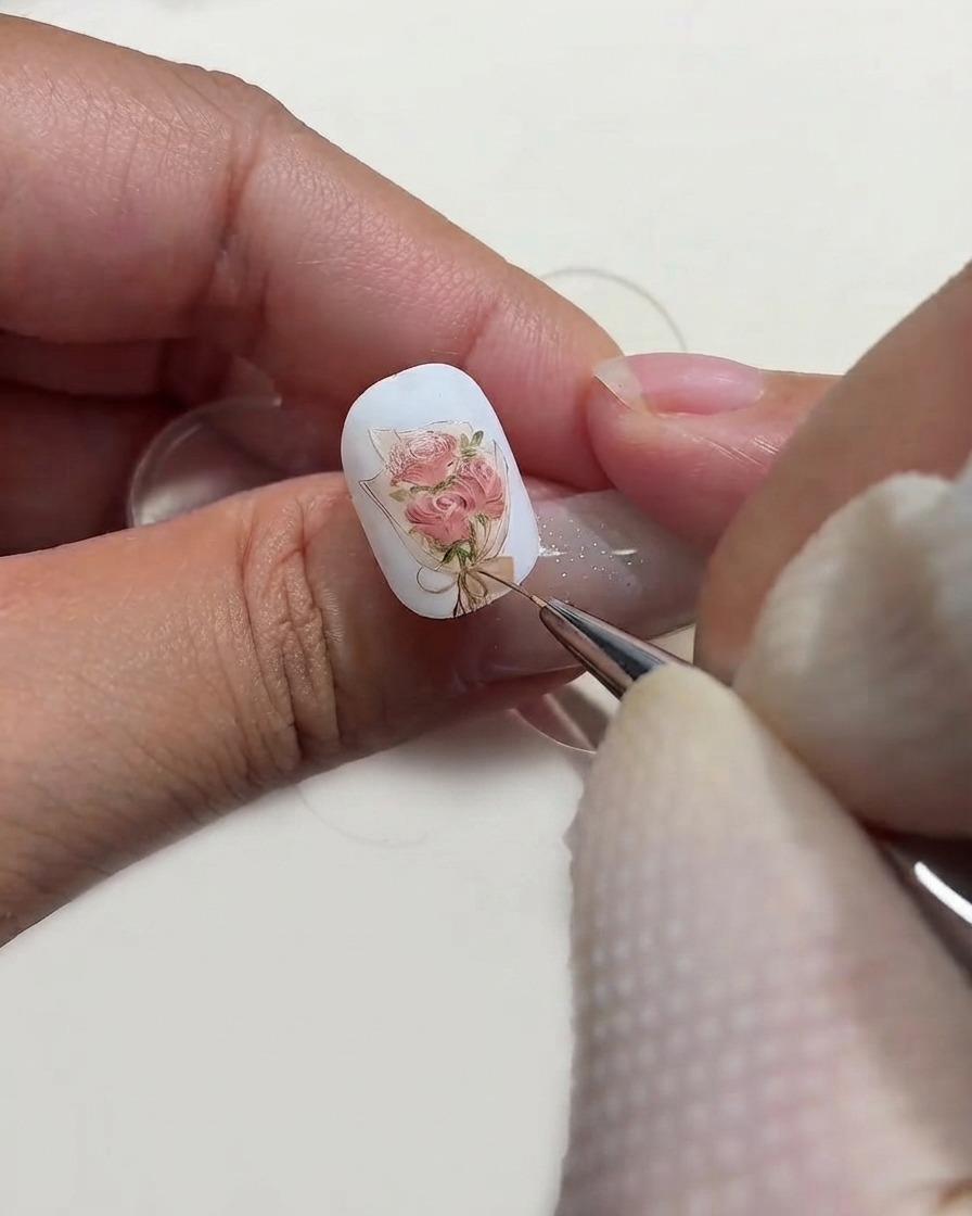 描かれたローズブーケのネイルアートデザインの花びらの上に、細かいディテールブラシで小さな白いハイライトのドットを施している様子。