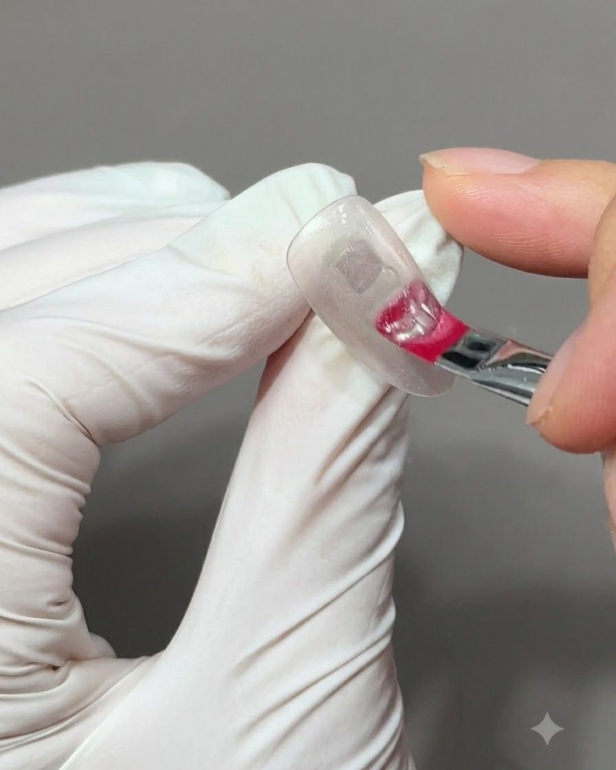 未硬化のジェルネイルに磁気球を近づけ、キャッツアイの粒子を光の幅広い帯に形作る手のクローズアップ。