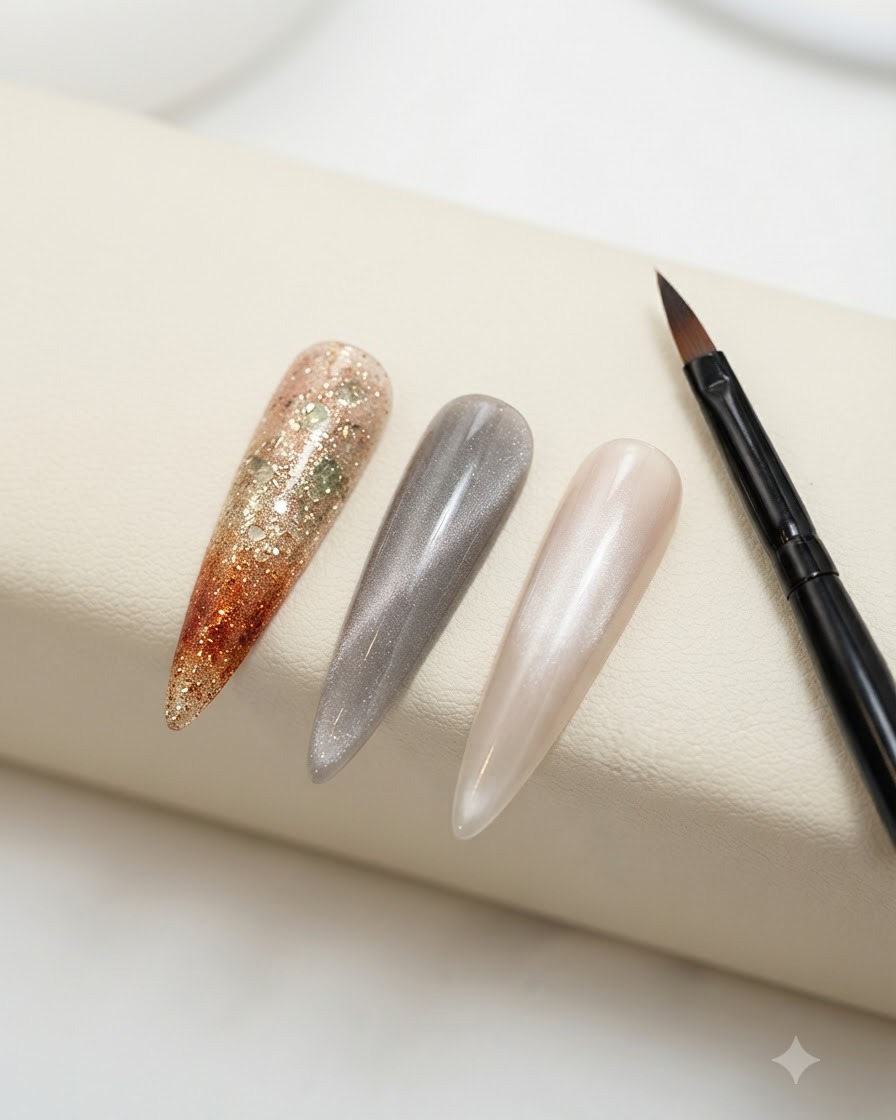 3つの完成した練習用ネイルチップ(サンセットグリッターオンブレ、ソリッドキャッツアイグレー、光沢のあるヌードオレンジトーン)が細いブラシの横にディスプレイスタンド上に展示されている。