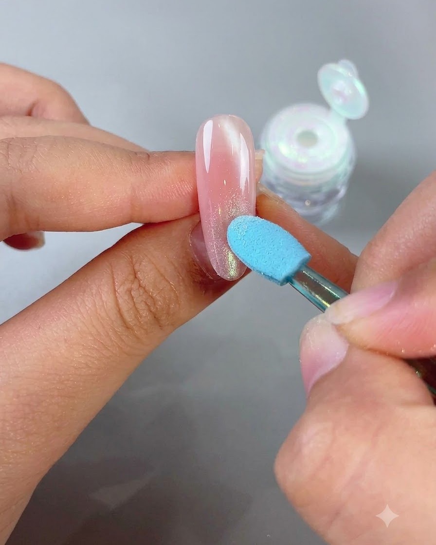 青いスポンジチップを使い、アーモンドシェイプのピンクネイルの先端にオンブレ効果を生み出すようミラーパウダーを優しくバフがけしている様子。