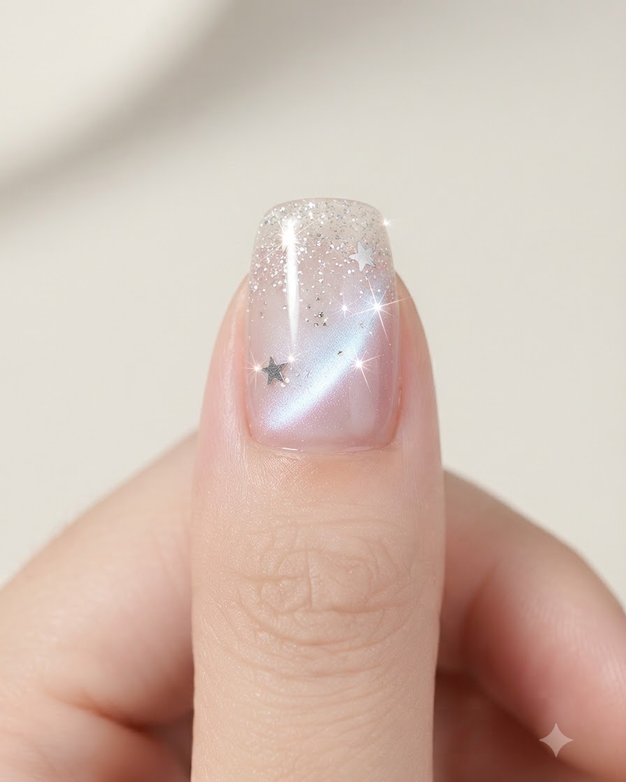 ピンセットを使い、ジェルネイルの先端や甘皮まわりに小さな星型のシルバーラメを配置している様子。