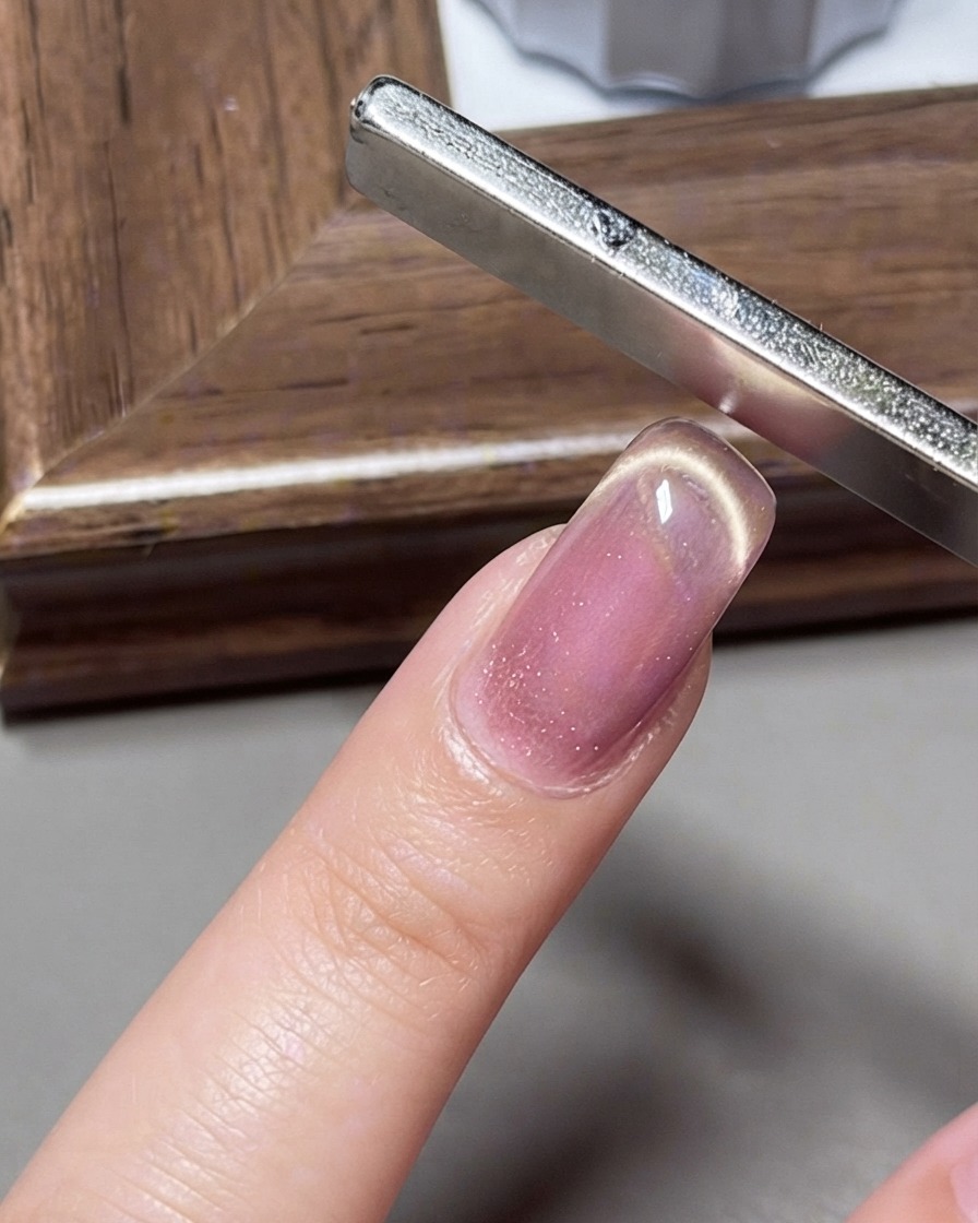 幅広のマグネットを使ってキャッツアイジェルネイルにフレンチのスマイルラインの反射を形作っている様子。