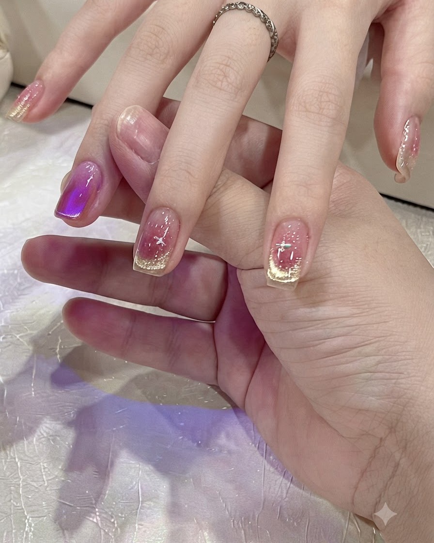 コンパクトなミニUV/LED硬化ランプの下に指が配置されているところ。