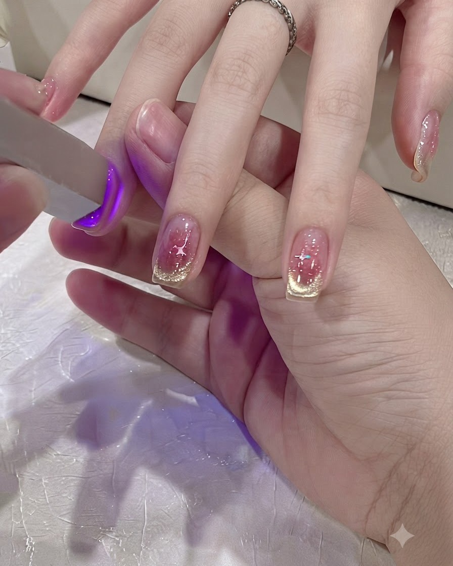 マニキュアを施した指のトップコートをミニUV LEDランプで硬化させているところ。