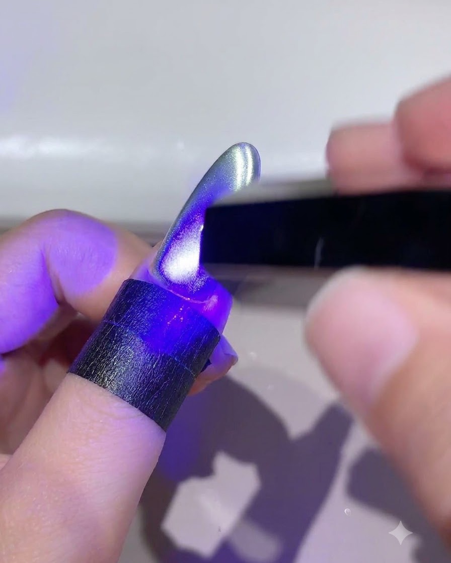 スタイルされたキャッツアイジェルを硬化させるために、UV LEDランプの下に入れられている指。