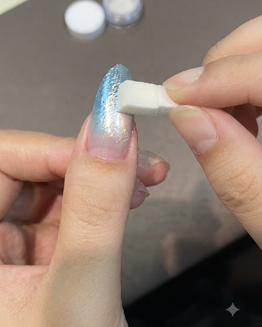 小さなスポンジチップで、きらめくパールパウダーを爪の表面に叩き込んでいる様子。