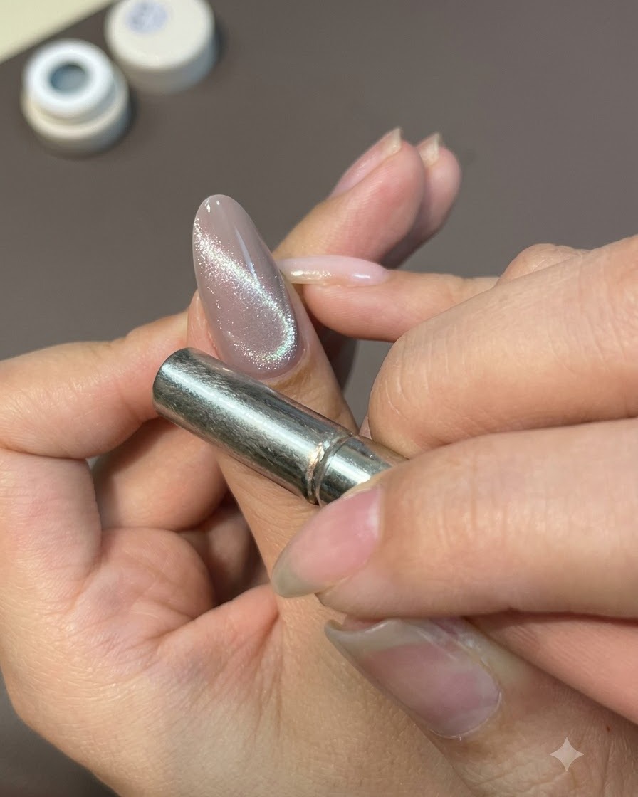 艶やかなキャッツアイジェルネイルに強力なマグネットを近づけ、輝きを中央に集めて光るラインを作っている様子。