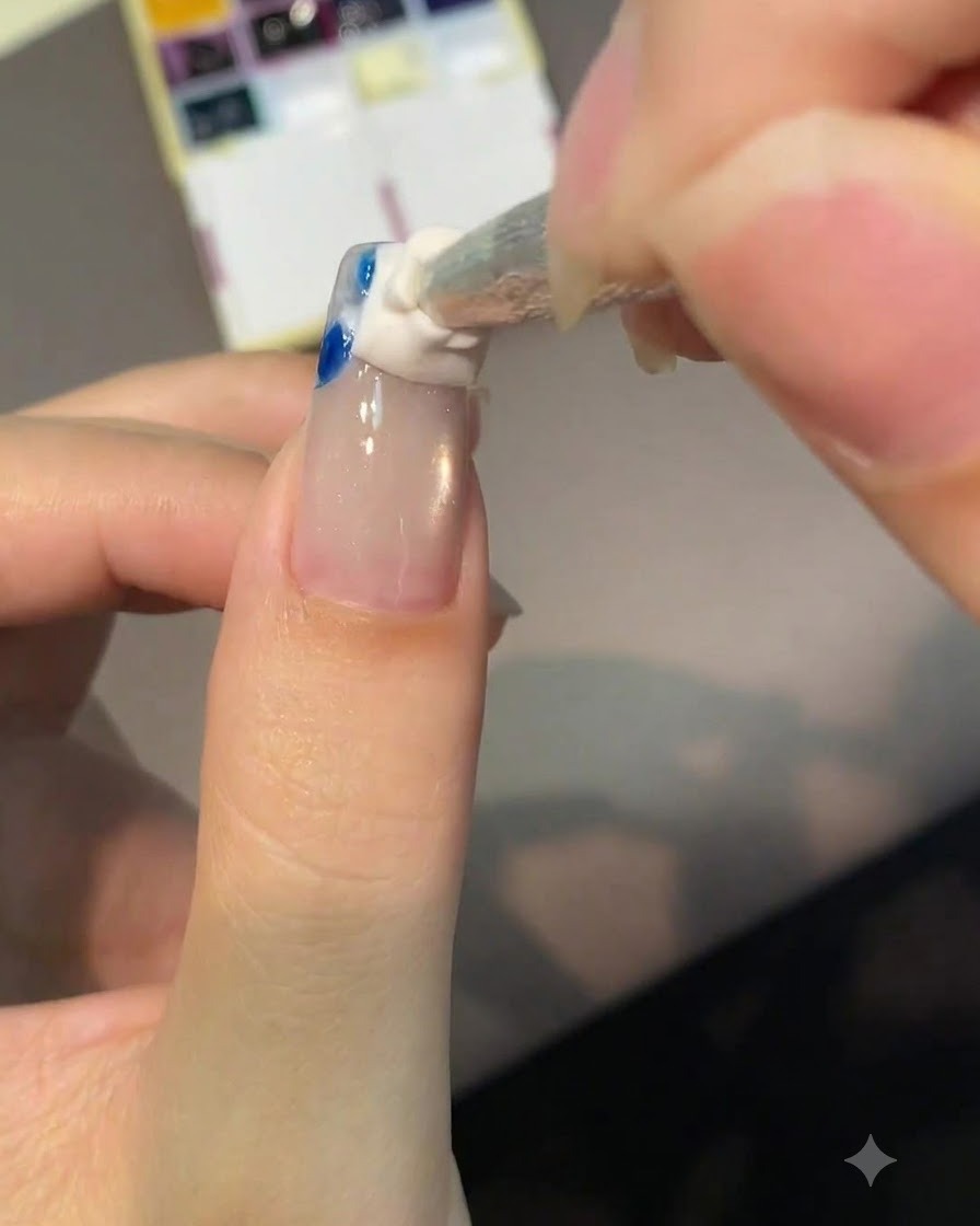 アーモンド形の爪先に、スポンジチップでホワイトとブルーの顔料を優しく叩き込んでいる様子。