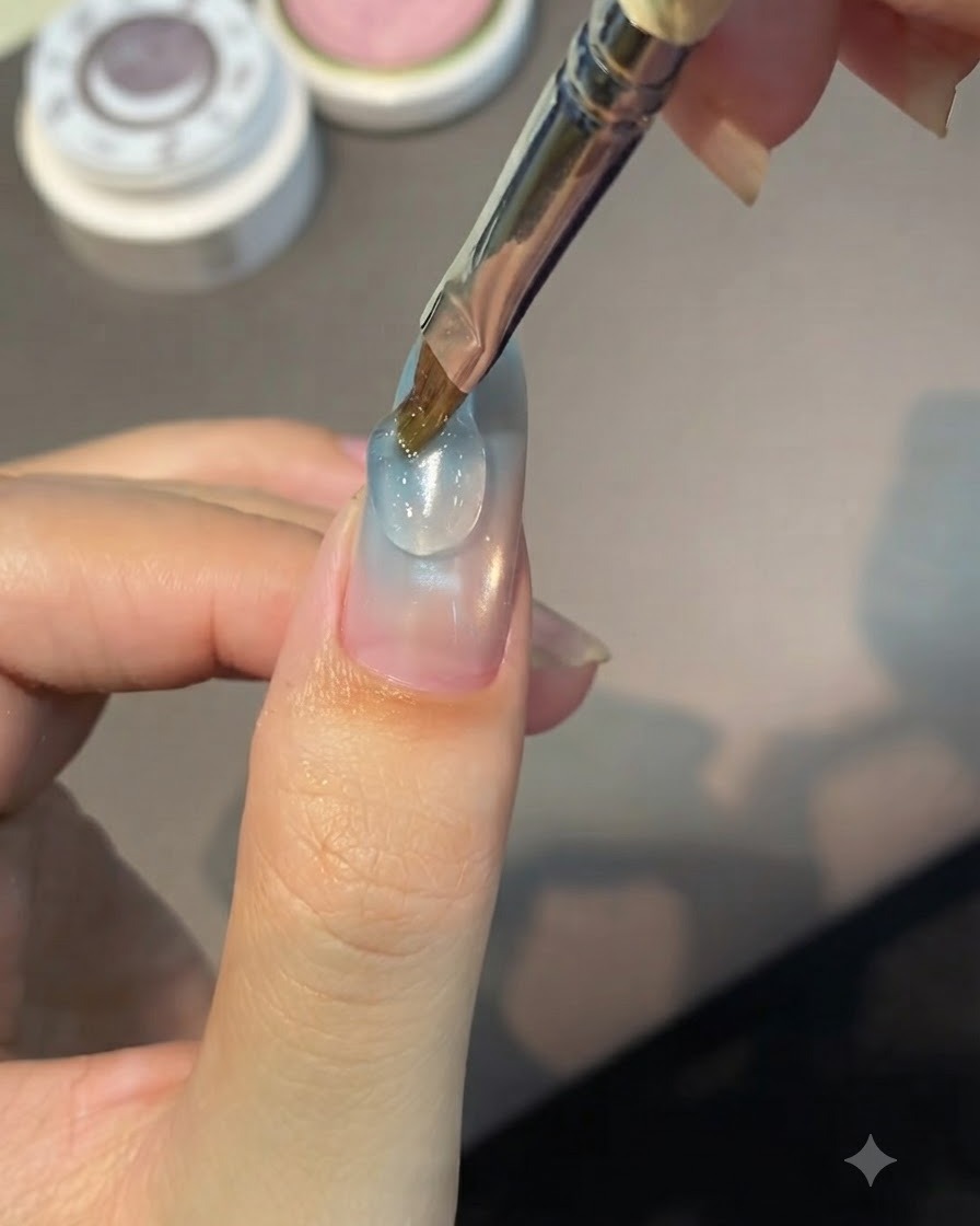 マニキュアを塗った爪の表面に、透明なスカルプチュアジェルの滴をネイルブラシで塗っている様子。