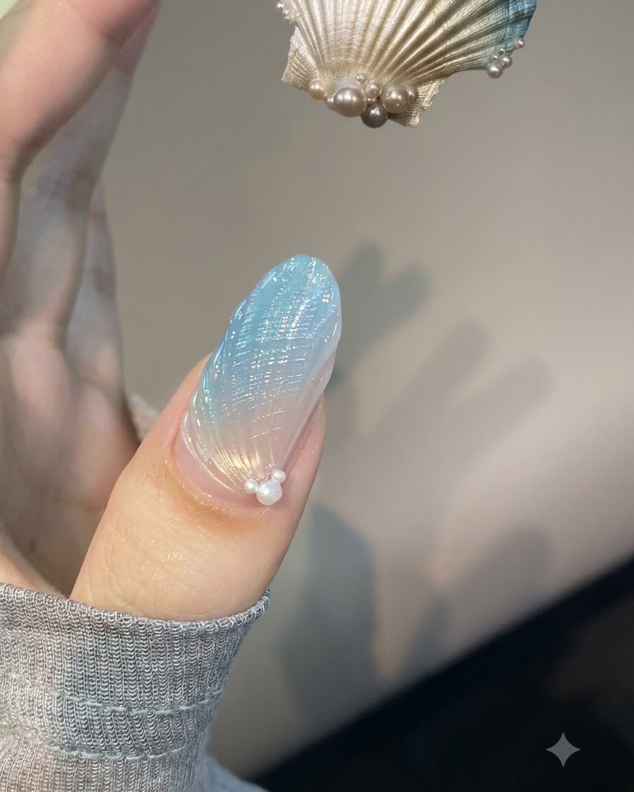 正確なシェルのラインが1本ずつ描かれ、フラッシュ硬化されている詳細なテクスチャーネイルの様子。
