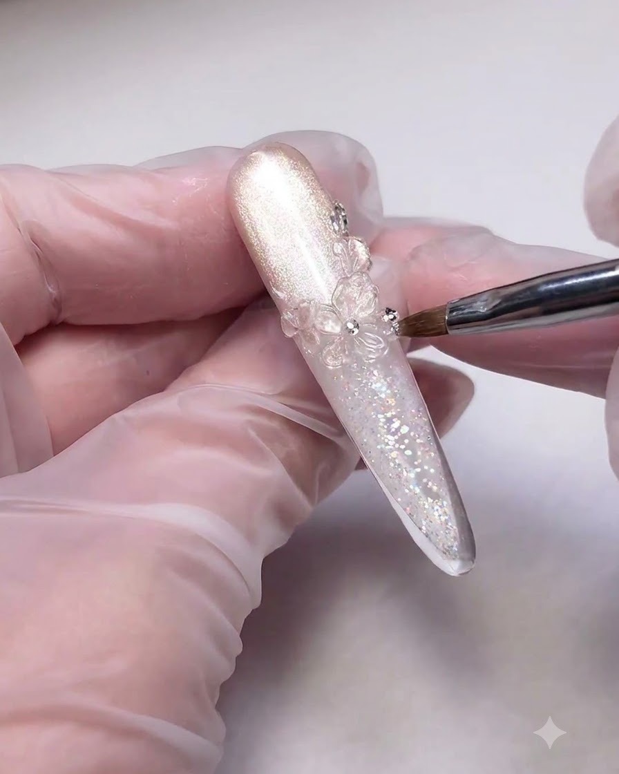 キラキラとしたネイルチップ上の透明な3D氷花デザインの周りに、ツールを使って小さなシルバーのラインストーンとパールを配置している様子。