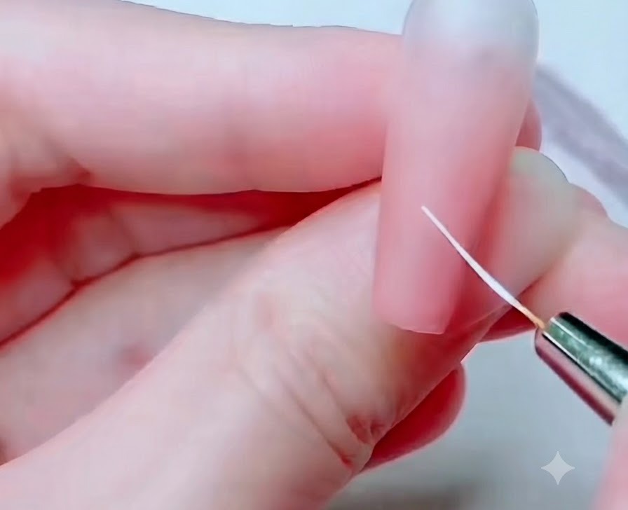 ピンクのネイルに極細のライナー筆で白い花びらのガイドラインを描いている様子。