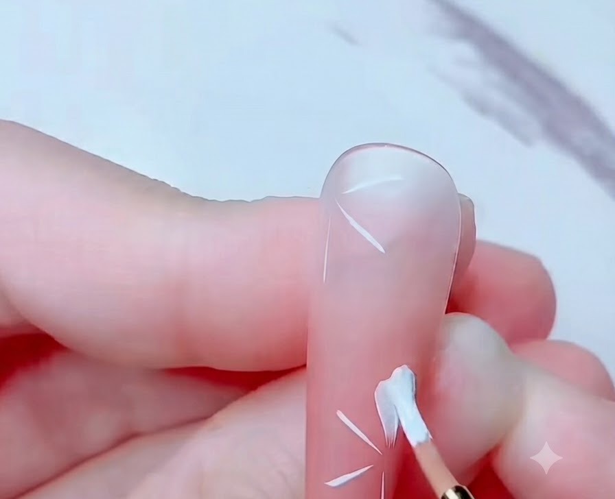 ピンクのベースに描かれた白い桜の花びらをネイルアートブラシで塗りつぶしている様子。