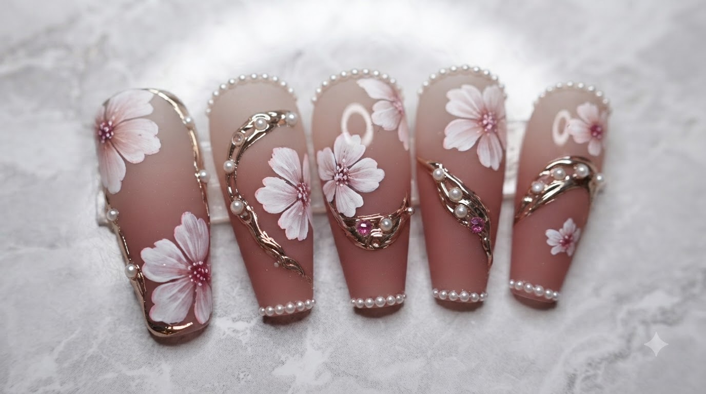ゴールドとパールが輝く桜ネイルアート — ステップバイステップの作り方